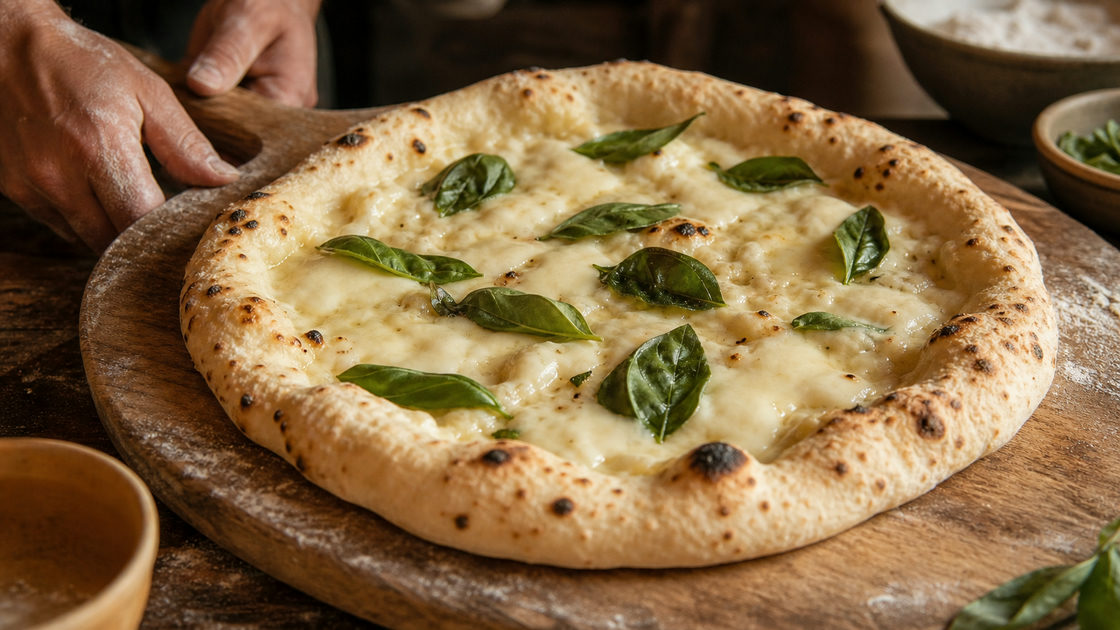 Close-up van een pizzabodem met een luchtige, licht gevlekte rand, belegd met basilicum en gesmolten kaas