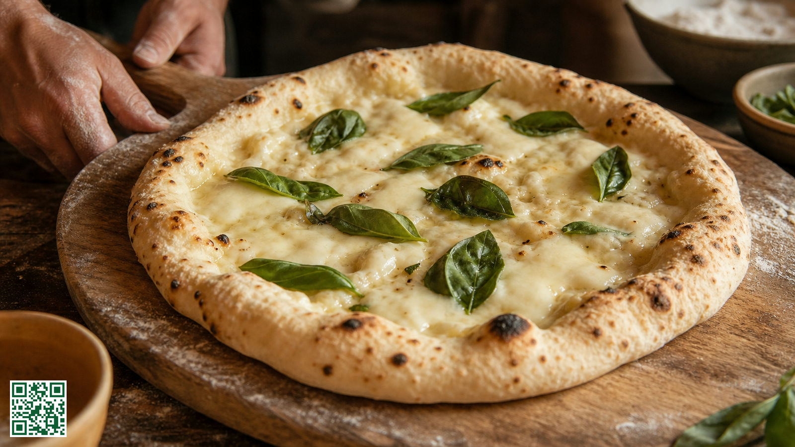 Close-up van een pizzabodem met een luchtige, licht gevlekte rand, belegd met basilicum en gesmolten kaas