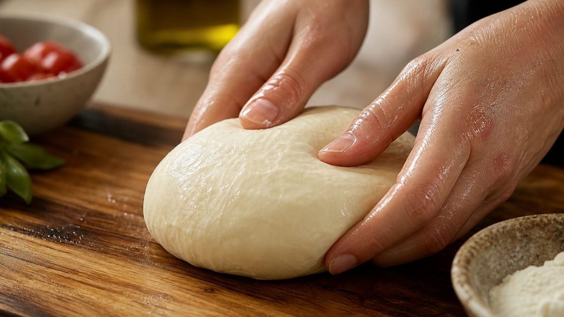 Close-up van handen die een zacht pizzadeeg bewerken op een houten werkblad
