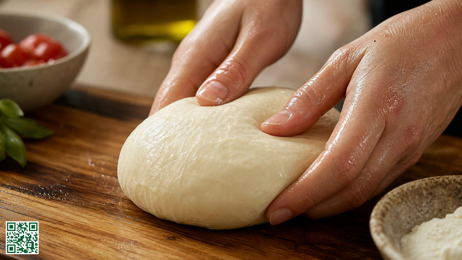 Close-up van handen die een zacht pizzadeeg bewerken op een houten werkblad