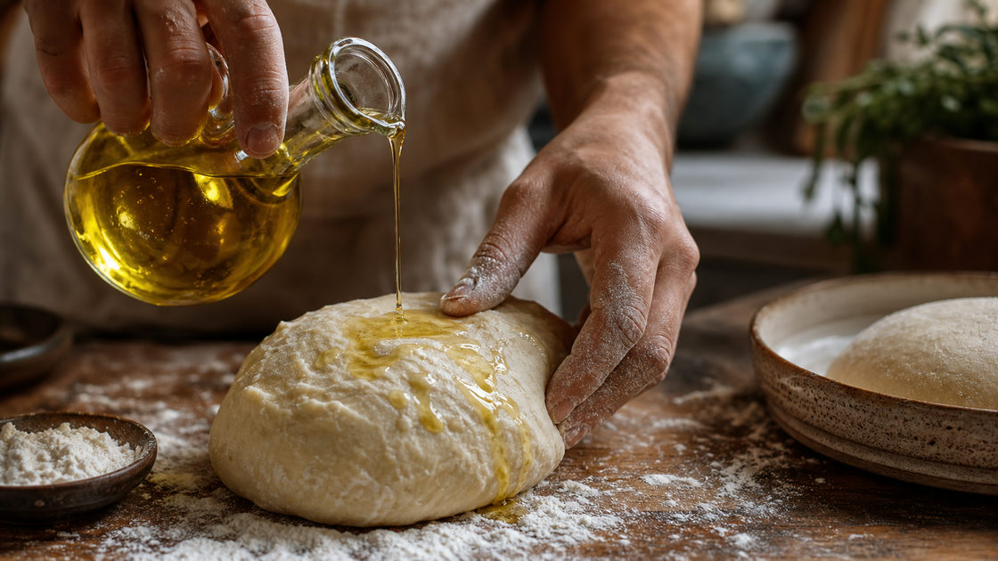 Close-up van pizzadeeg dat met een scheutje olijfolie wordt bewerkt op een bebloemd werkblad