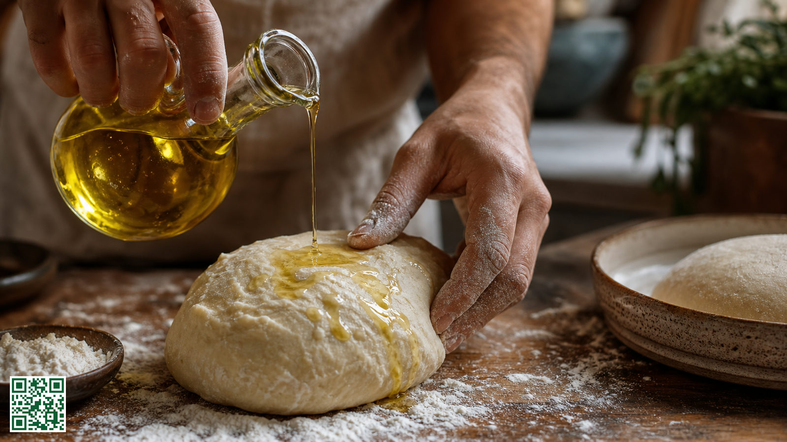 Close-up van pizzadeeg dat met een scheutje olijfolie wordt bewerkt op een bebloemd werkblad