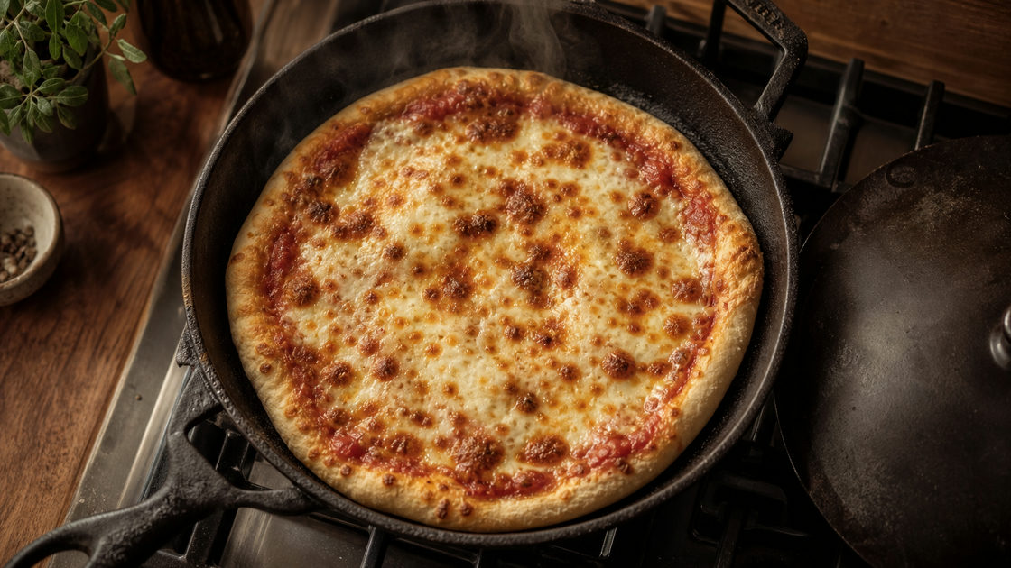 Pizza met gesmolten kaas gebakken in een gietijzeren koekenpan op het fornuis