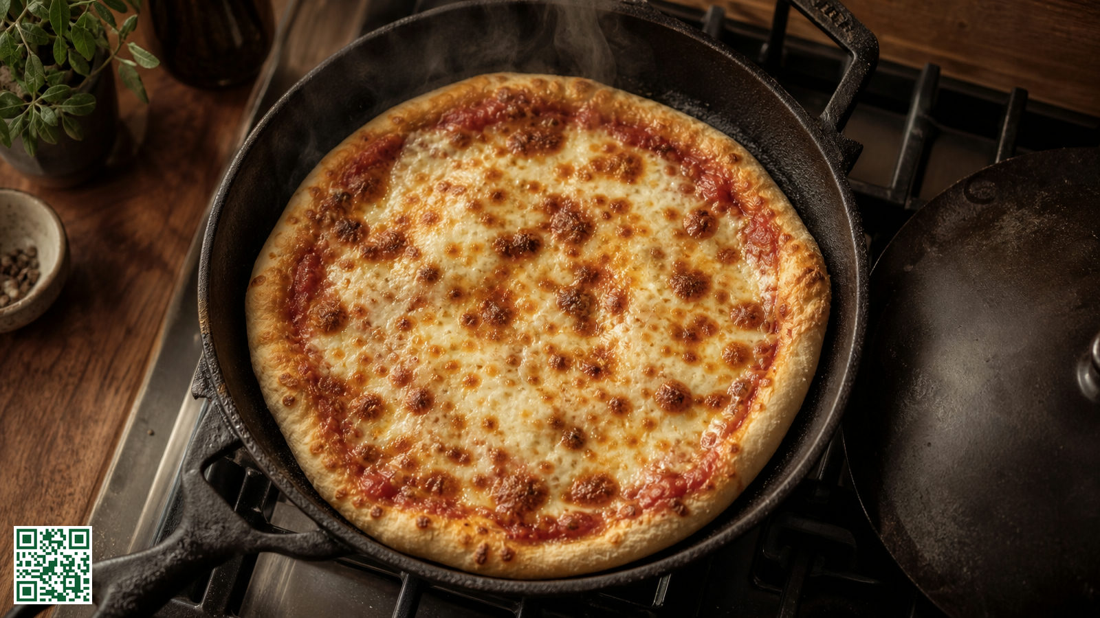 Pizza met gesmolten kaas gebakken in een gietijzeren koekenpan op het fornuis