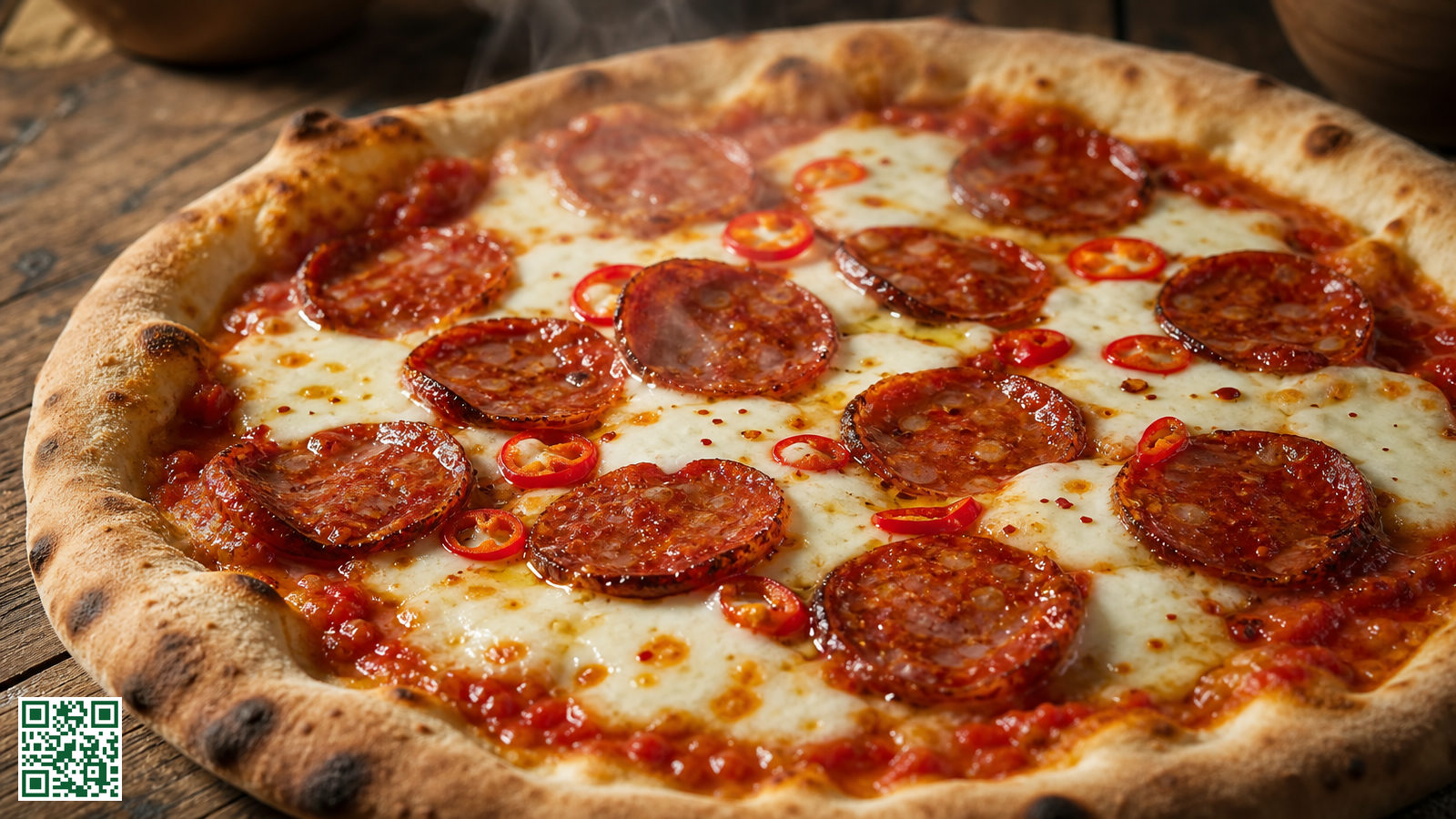 Close-up van een pittige pizza met gesmolten kaas, plakjes pittige worst en dun gesneden rode peper