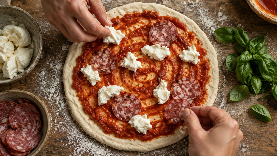 Ongebakken pizza met tomatensaus, stukjes mozzarella en plakjes salami op een bebloemd houten bord, met basilicumblaadjes ernaast