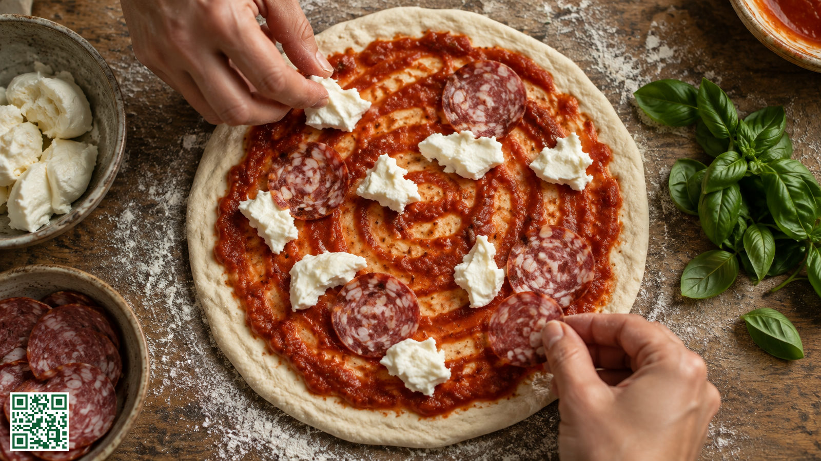 Ongebakken pizza met tomatensaus, stukjes mozzarella en plakjes salami op een bebloemd houten bord, met basilicumblaadjes ernaast