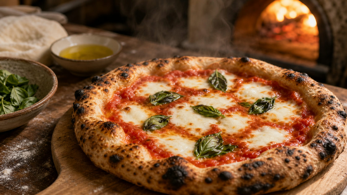 Vers gebakken pizza margherita met gerende korst, tomatensaus, mozzarella en verse basilicumblaadjes op een houten pizzaschep