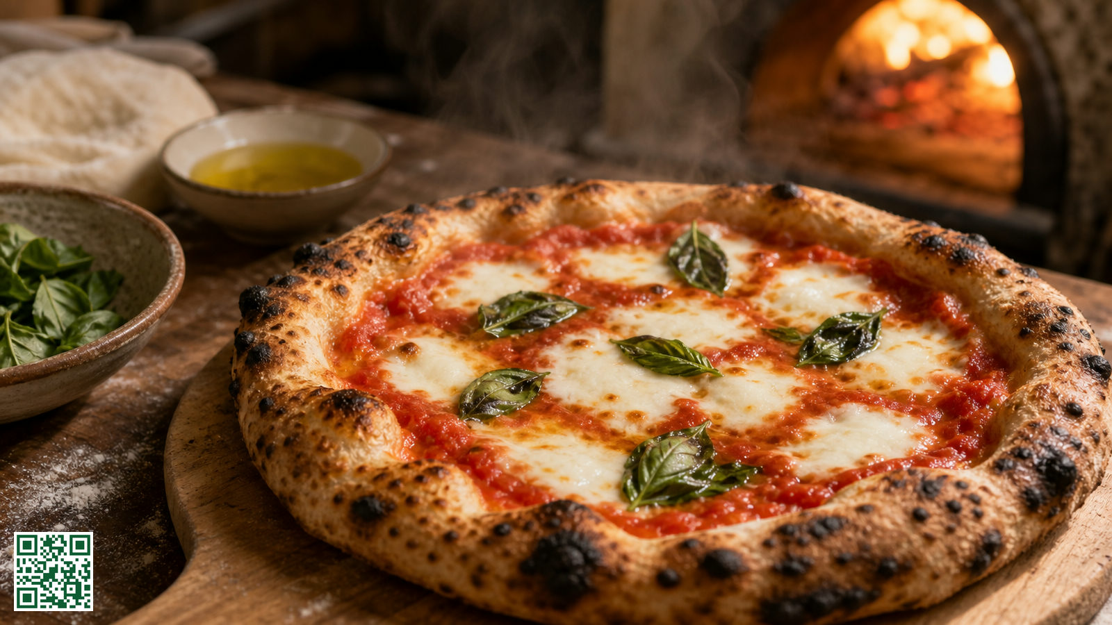 Vers gebakken pizza margherita met gerende korst, tomatensaus, mozzarella en verse basilicumblaadjes op een houten pizzaschep