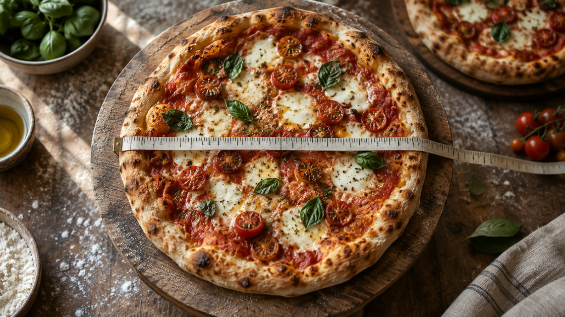 Pizza op een houten plank met een meetlint over de diameter gelegd