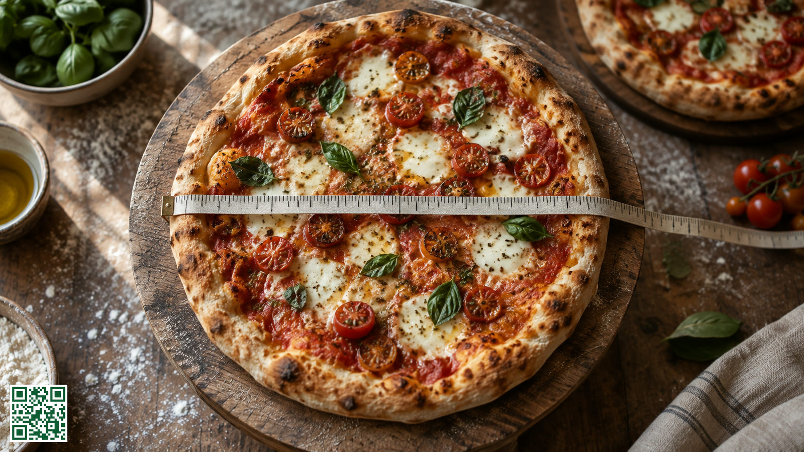 Pizza op een houten plank met een meetlint over de diameter gelegd