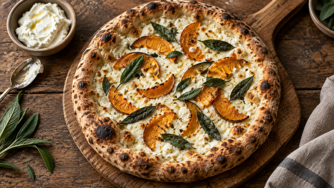 Pizza met een dunne laag mascarpone, plakjes geroosterde pompoen en salieblaadjes op een houten pizzaschep