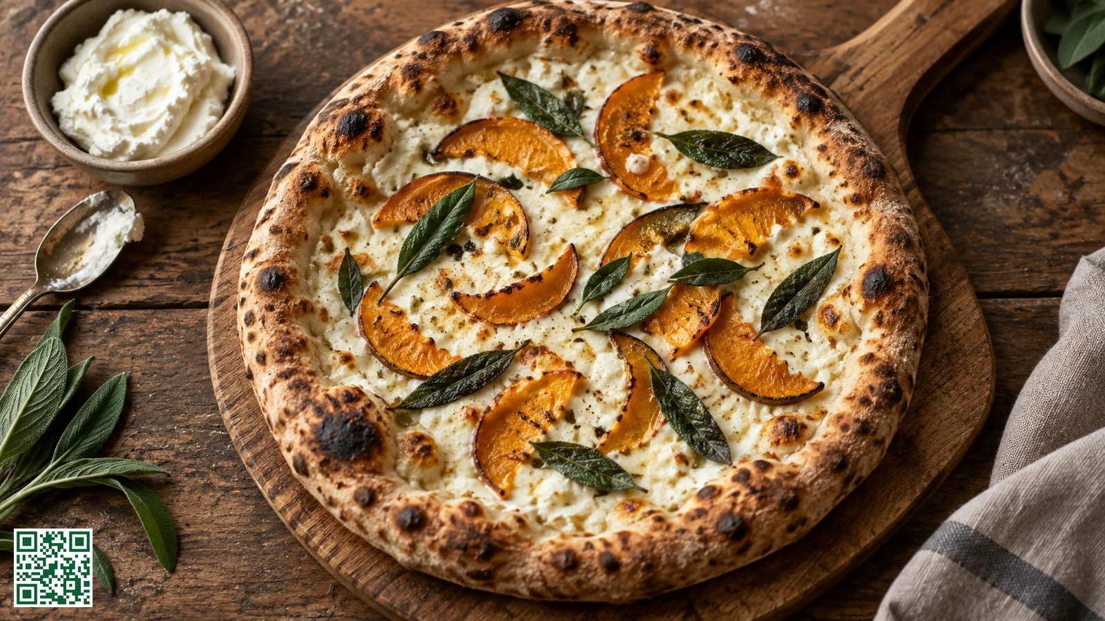Pizza met een dunne laag mascarpone, plakjes geroosterde pompoen en salieblaadjes op een houten pizzaschep
