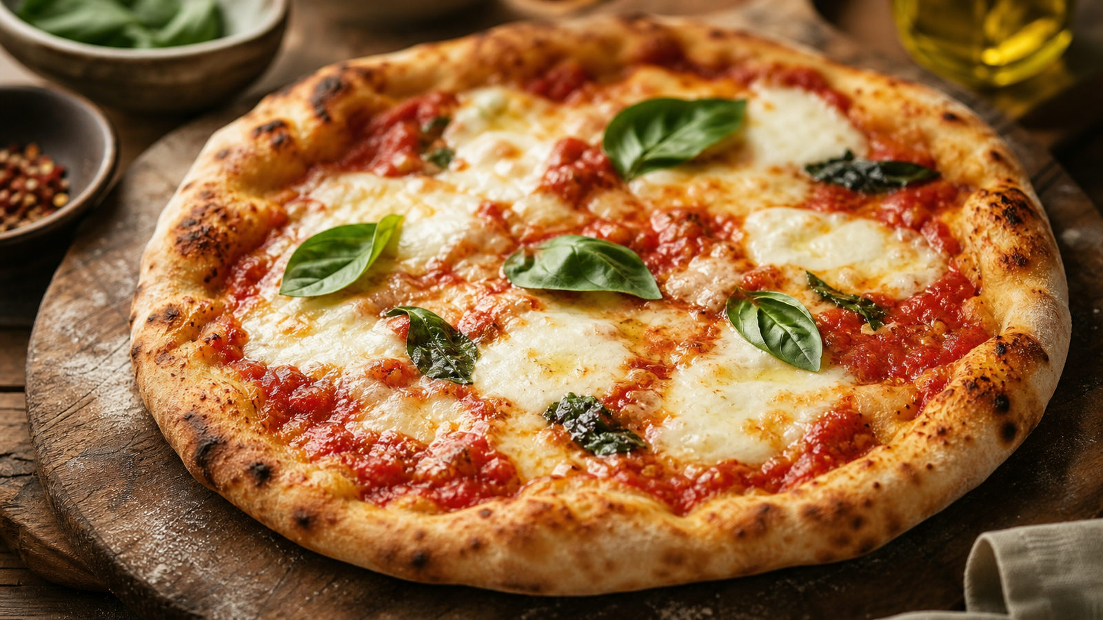Pizza met tomatensaus, gesmolten mozzarella en verse basilicumblaadjes op een houten plank