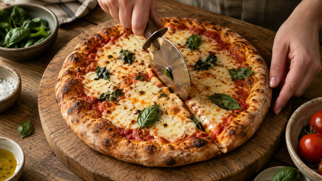 Een pizzasnijder met rond wiel snijdt een punt uit een pizza met gesmolten kaas op een houten plank