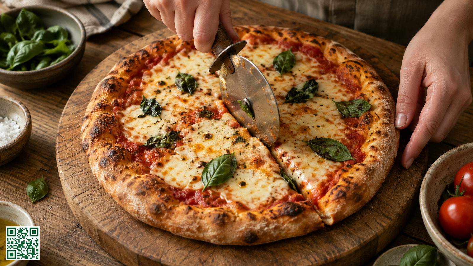 Een pizzasnijder met rond wiel snijdt een punt uit een pizza met gesmolten kaas op een houten plank
