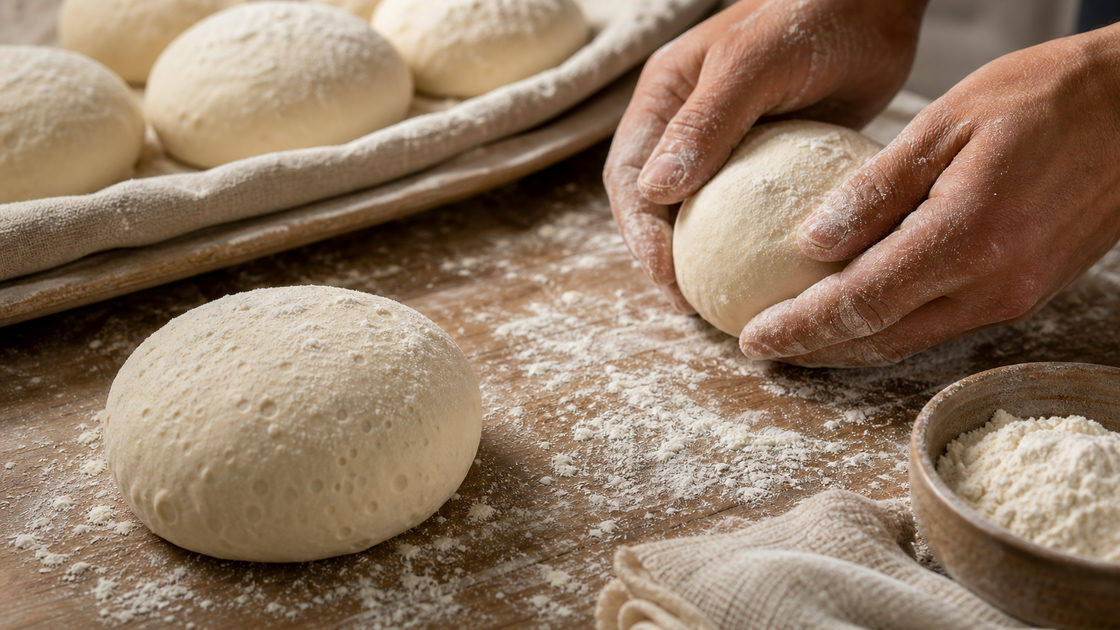Opgebolde pizzabollen die apart liggen te rusten op een bebloemd werkblad