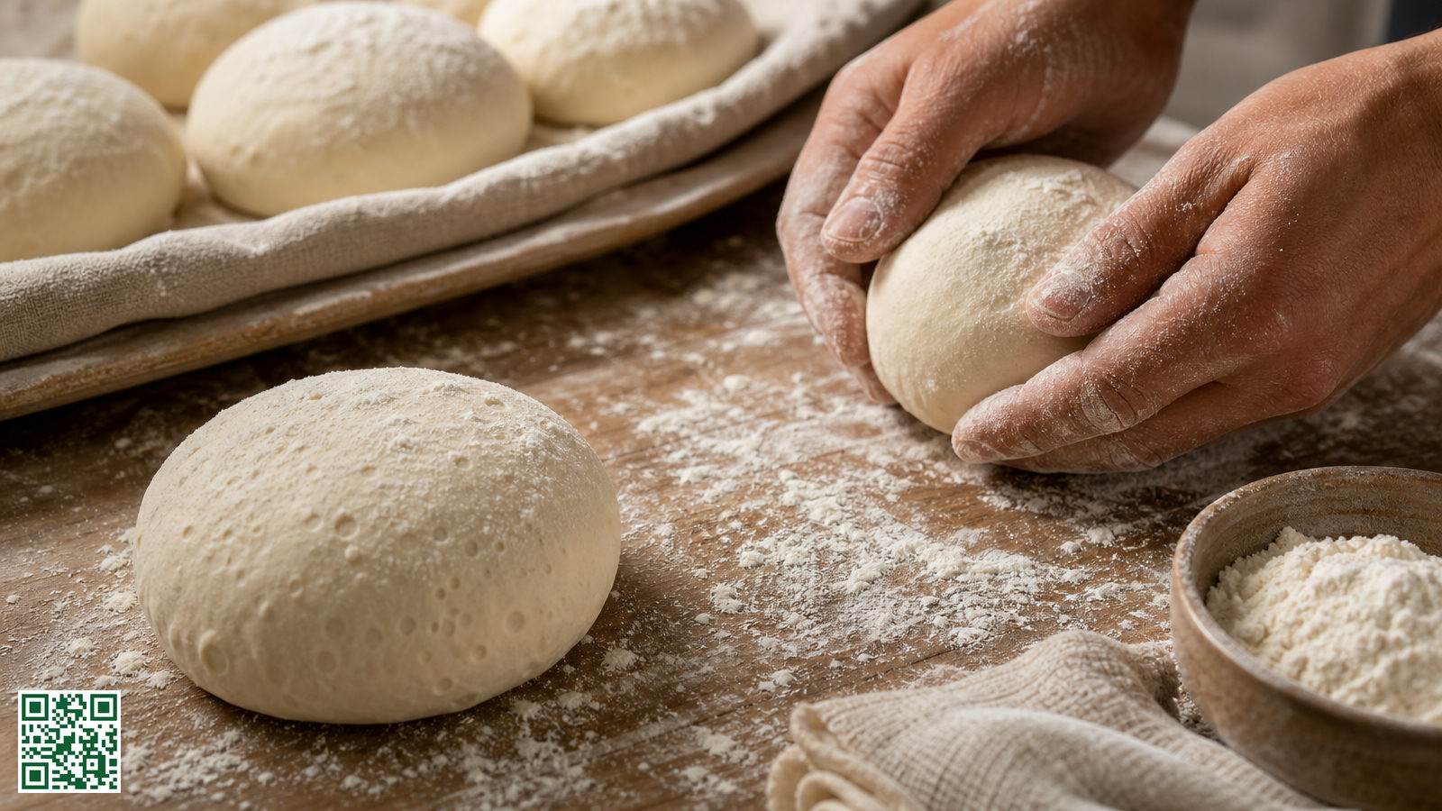 Opgebolde pizzabollen die apart liggen te rusten op een bebloemd werkblad