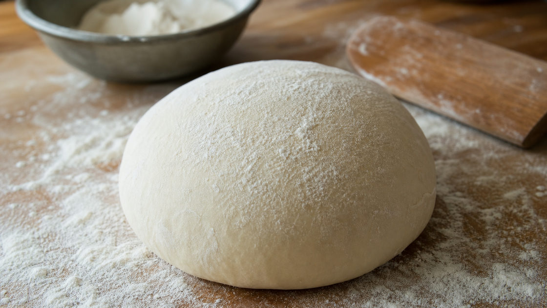 Bol pizzadeeg op een met bloem bestoven werkblad naast een kom en een deegschraper