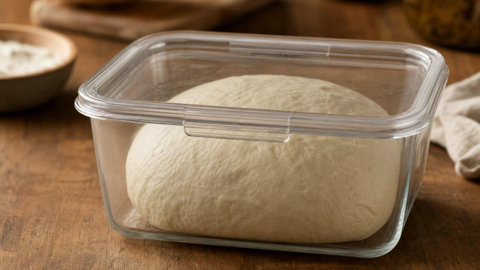 Bol pizzadeeg in een afgesloten bewaarbak op een houten aanrecht