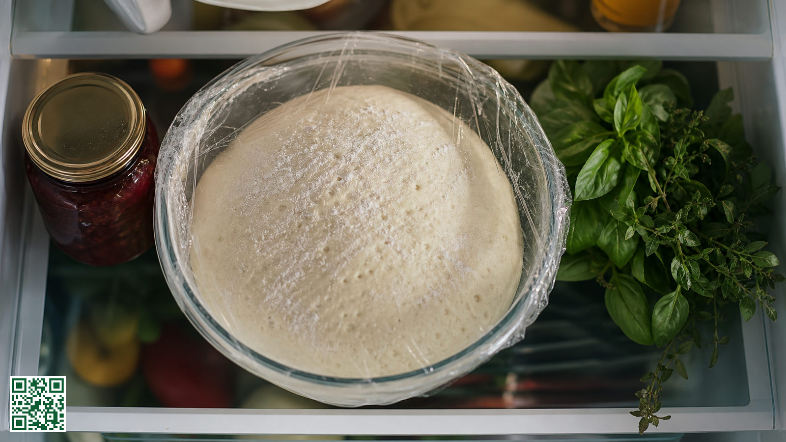 Gerezen pizzadeeg in een kom afgedekt met folie op een plank in de koelkast