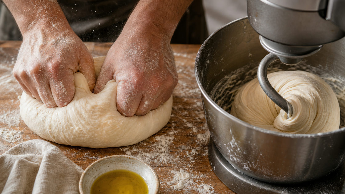 Close-up van pizzadeeg dat met de hand wordt gekneed naast een keukenmachine met deeghaak die hetzelfde deeg verwerkt