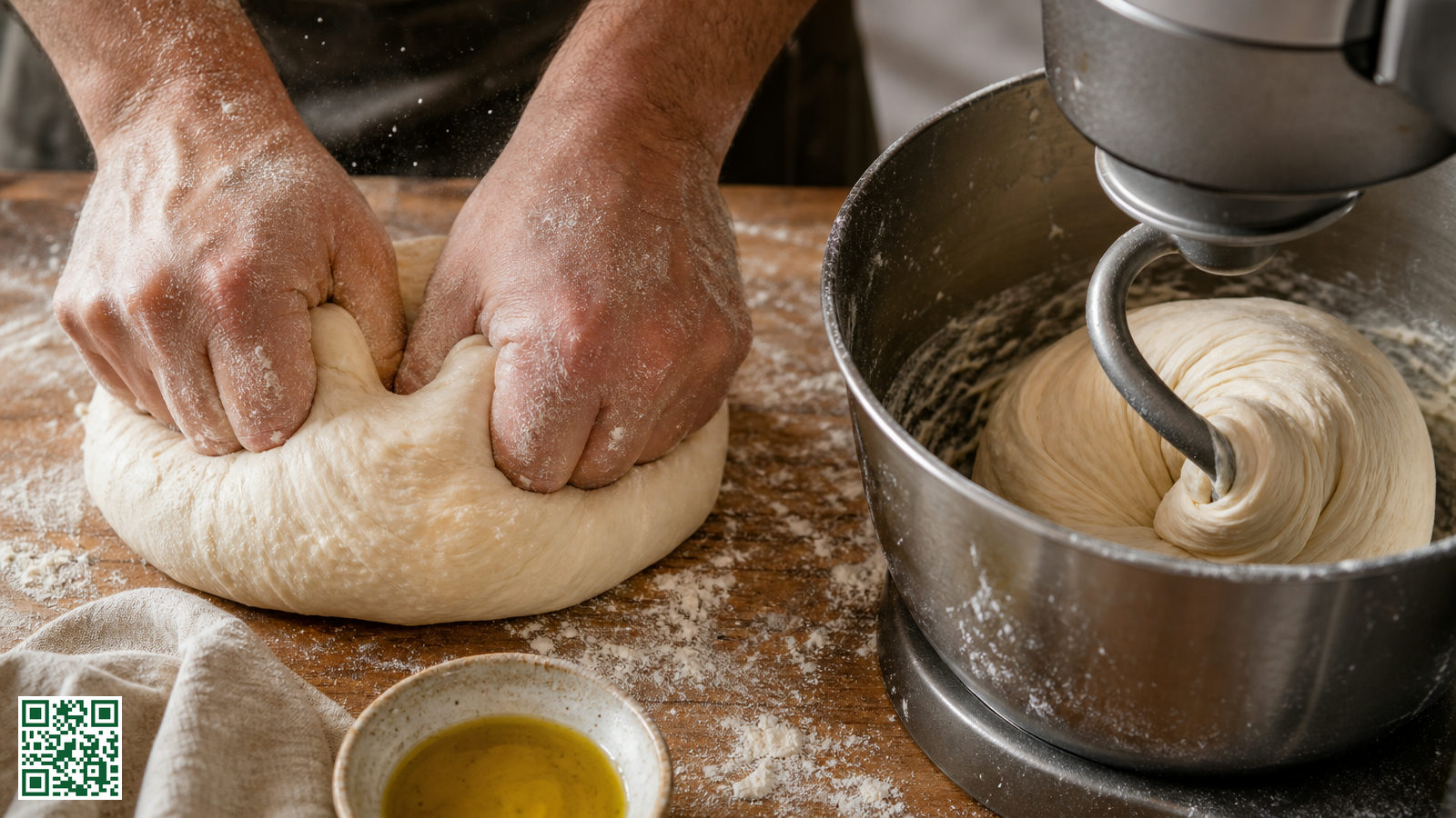 Close-up van pizzadeeg dat met de hand wordt gekneed naast een keukenmachine met deeghaak die hetzelfde deeg verwerkt