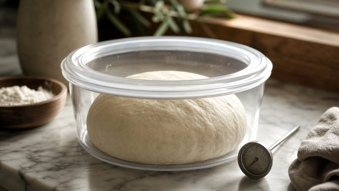 Bol pizzadeeg in een afgesloten bakje op het aanrecht met een keukenthermometer ernaast