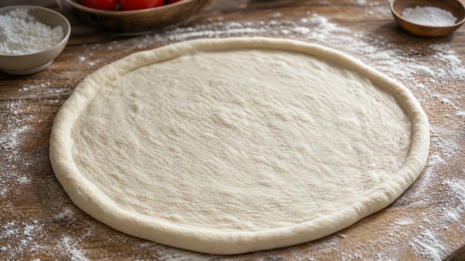Uitgerekt pizzadeeg met een dunne bodem en dikkere rand op een bebloemde houten plank