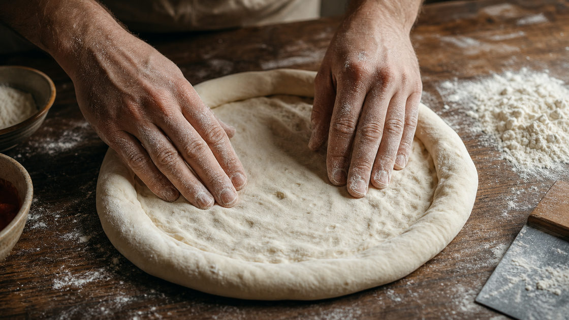 Twee handen rekken pizzadeeg voorzichtig uit op een bebloemde houten ondergrond, met een dikke luchtige rand die intact blijft