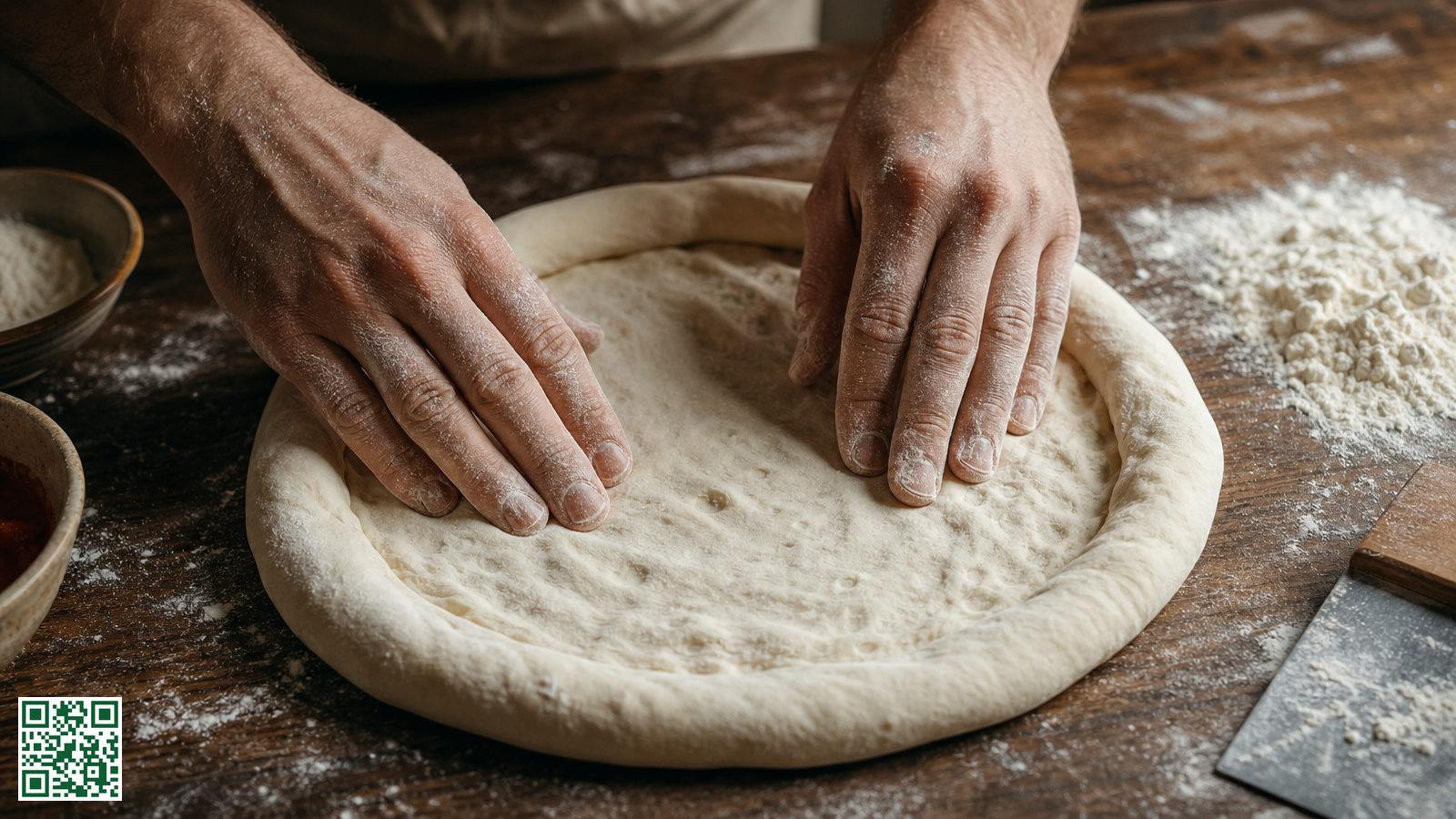 Twee handen rekken pizzadeeg voorzichtig uit op een bebloemde houten ondergrond, met een dikke luchtige rand die intact blijft
