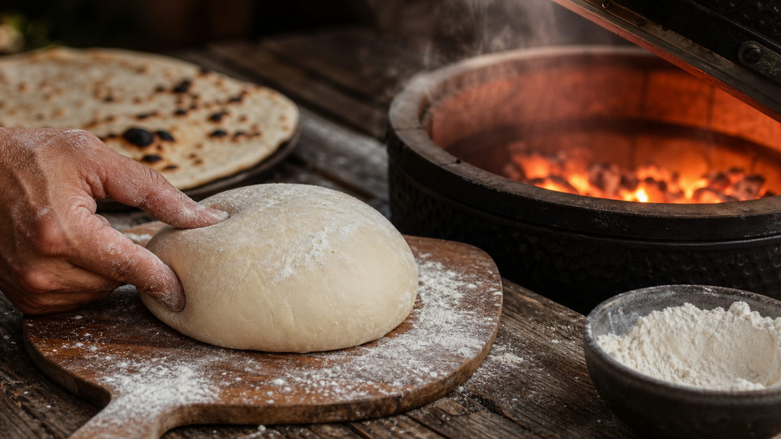 Pizzadeeg op een bebloemde pizzaschep vlak bij de gloeiende kolen van een kamado barbecue