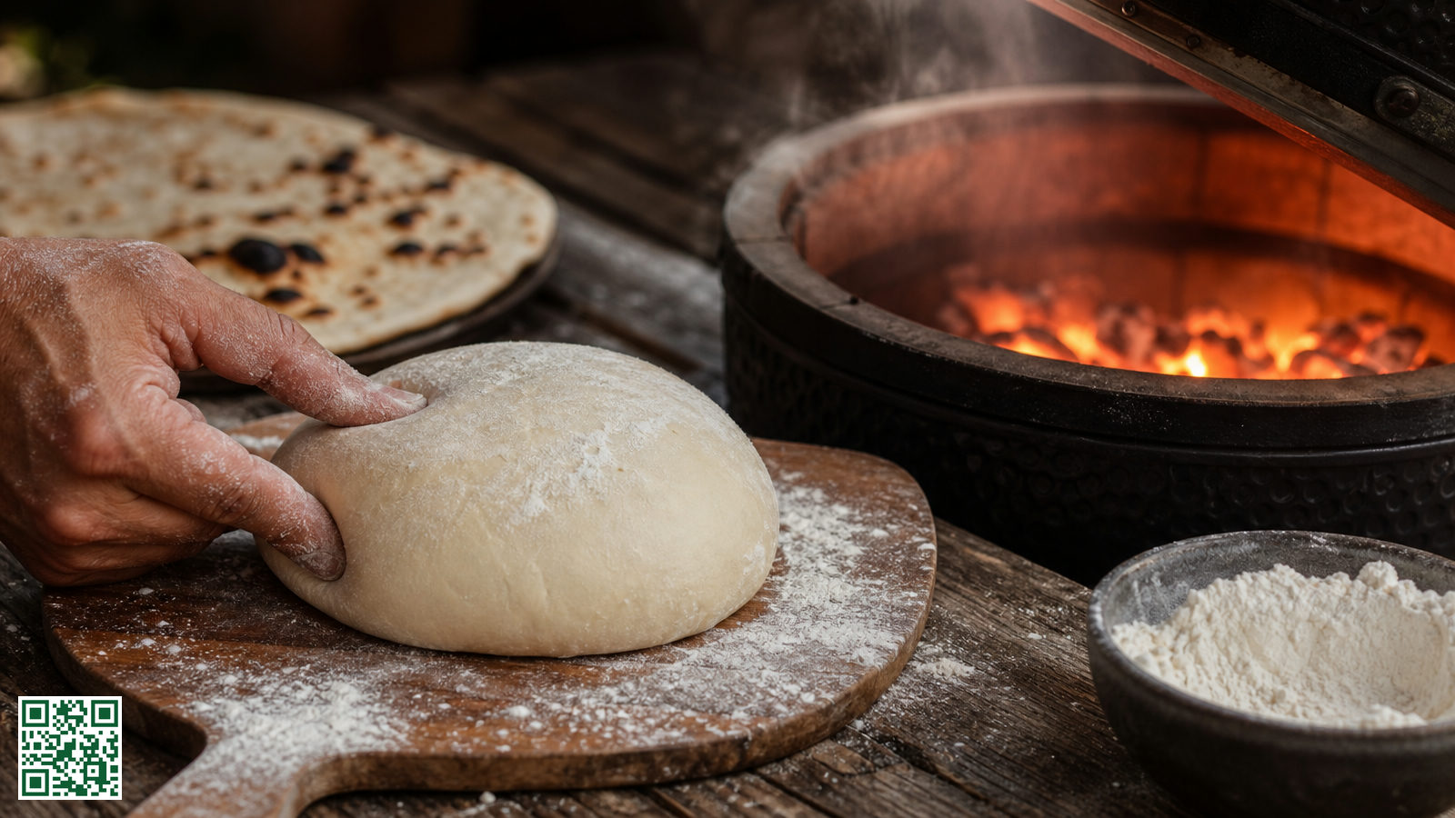 Pizzadeeg op een bebloemde pizzaschep vlak bij de gloeiende kolen van een kamado barbecue