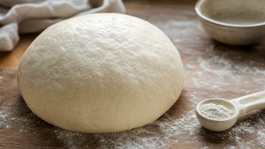 Bal pizzadeeg op een met bloem bestoven werkblad naast een maatlepel met bakpoeder