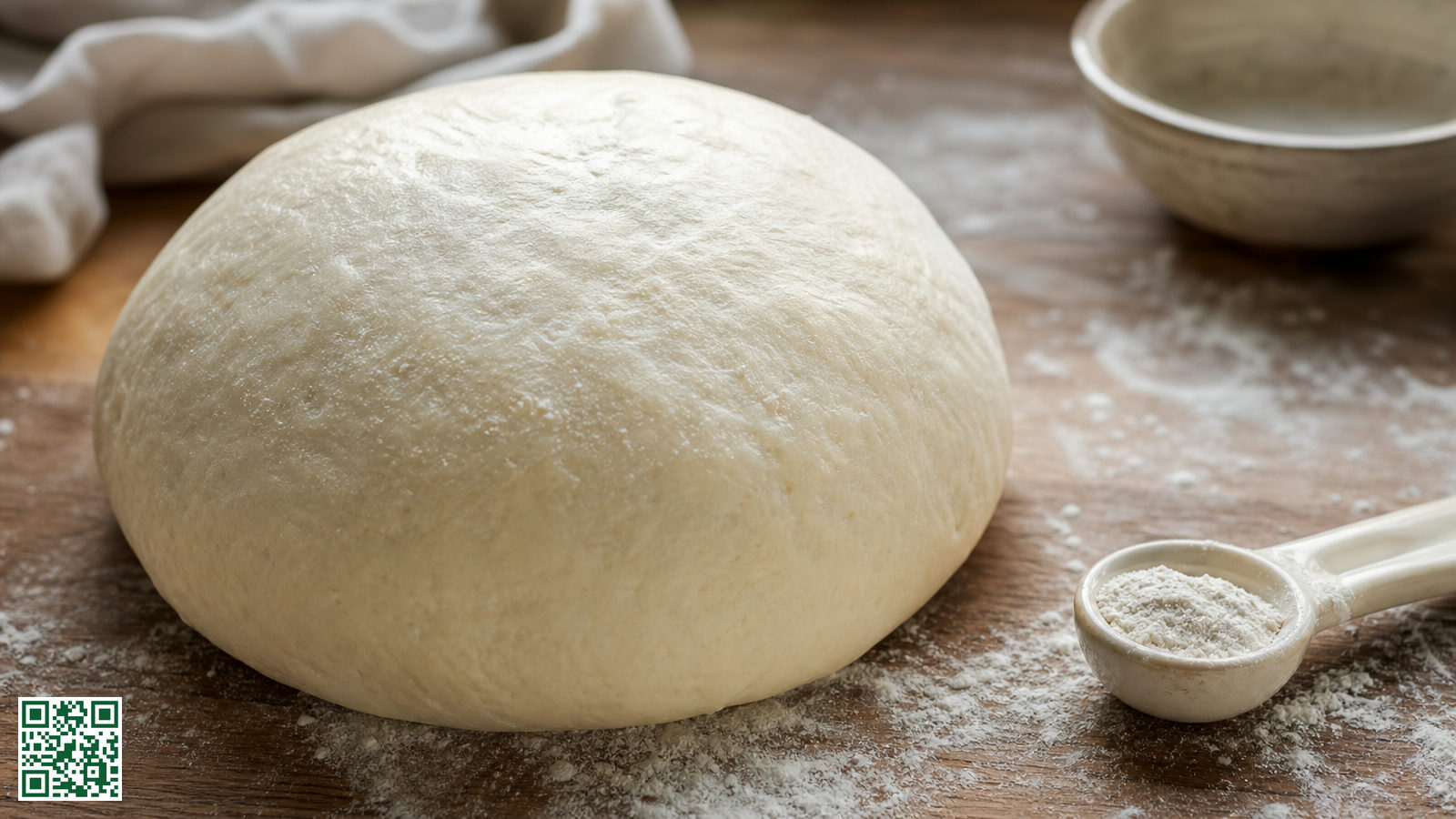 Bal pizzadeeg op een met bloem bestoven werkblad naast een maatlepel met bakpoeder