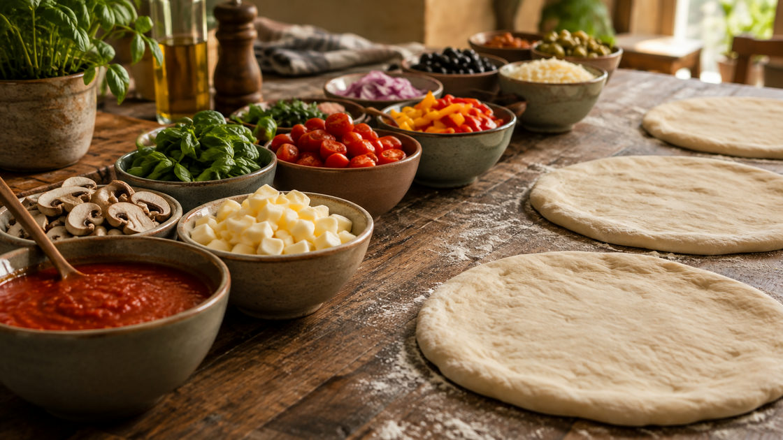 Bakjes met beleg en uitgerekte pizzabodems klaargezet op een houten tafel voor een pizzafeest