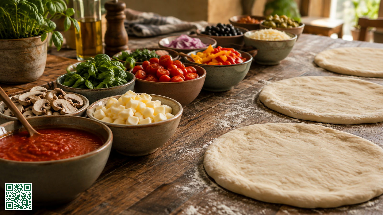 Bakjes met beleg en uitgerekte pizzabodems klaargezet op een houten tafel voor een pizzafeest