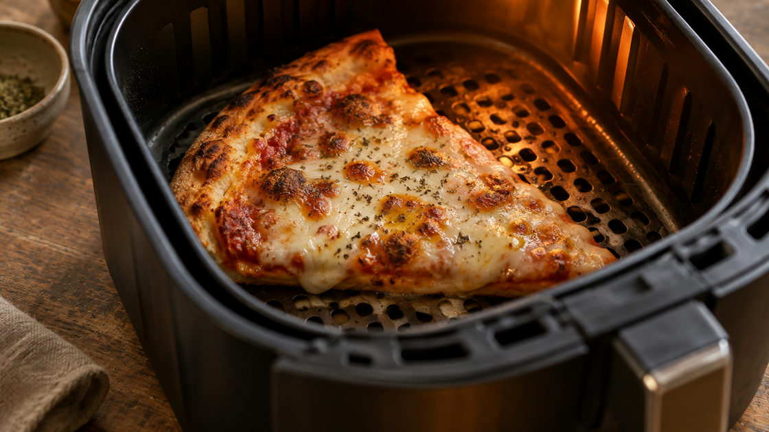 Een pizzapunt met gesmolten kaas ligt op het rooster van een airfryer terwijl de bodem krokant wordt