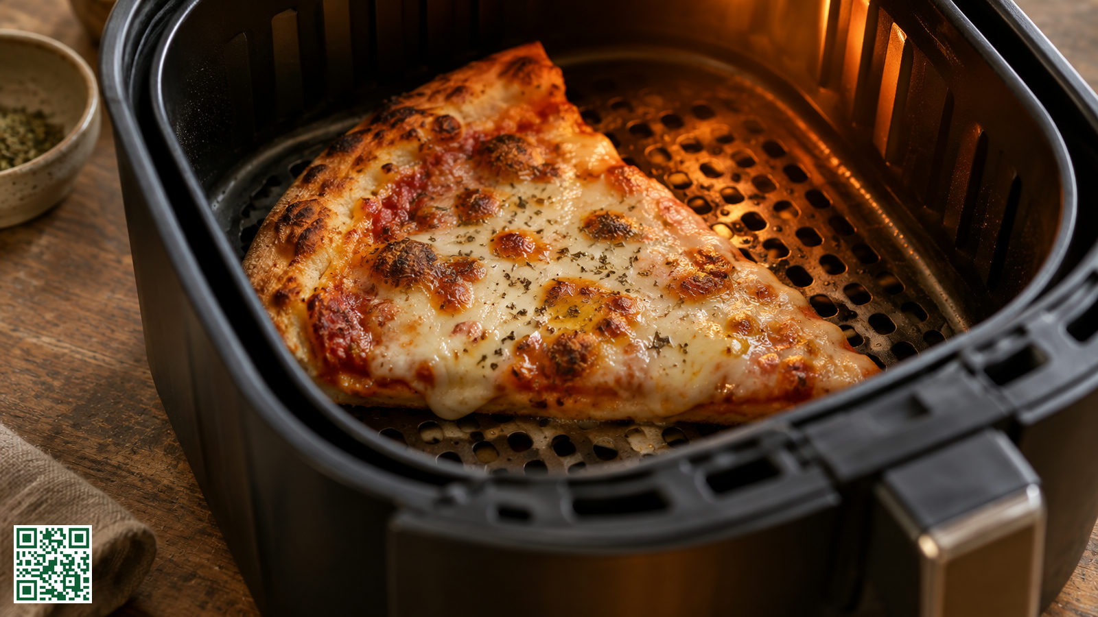 Een pizzapunt met gesmolten kaas ligt op het rooster van een airfryer terwijl de bodem krokant wordt