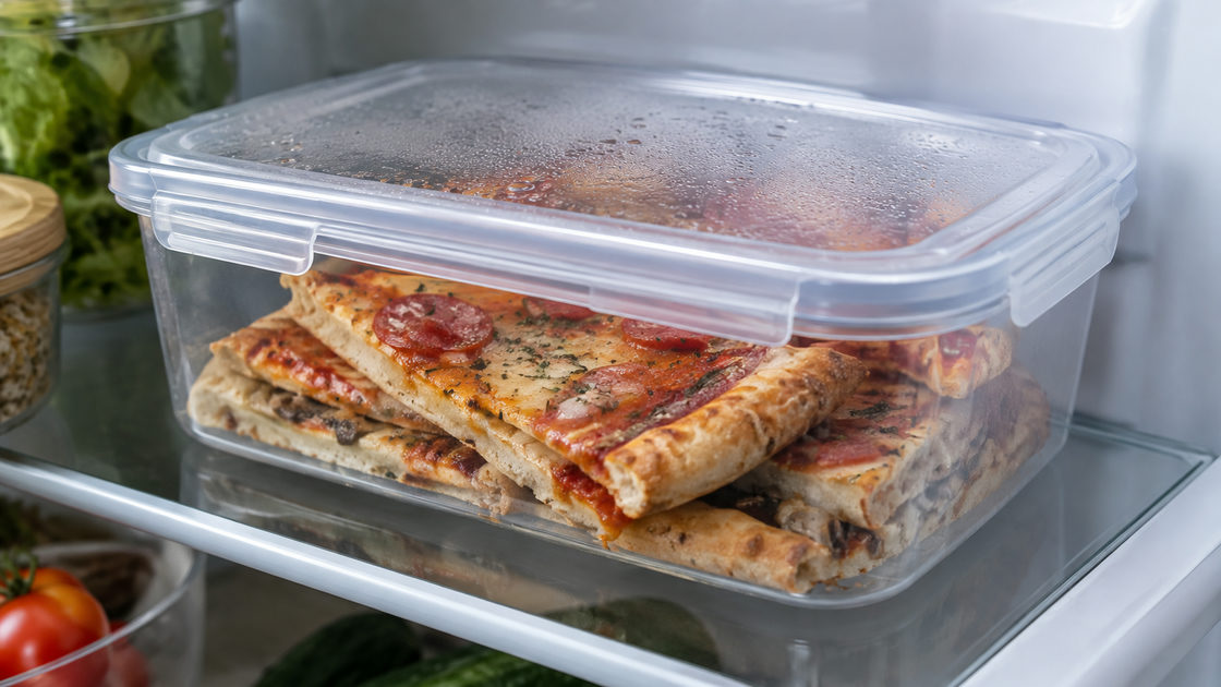 Stukken pizza in een afsluitbare bewaardoos in de koelkast