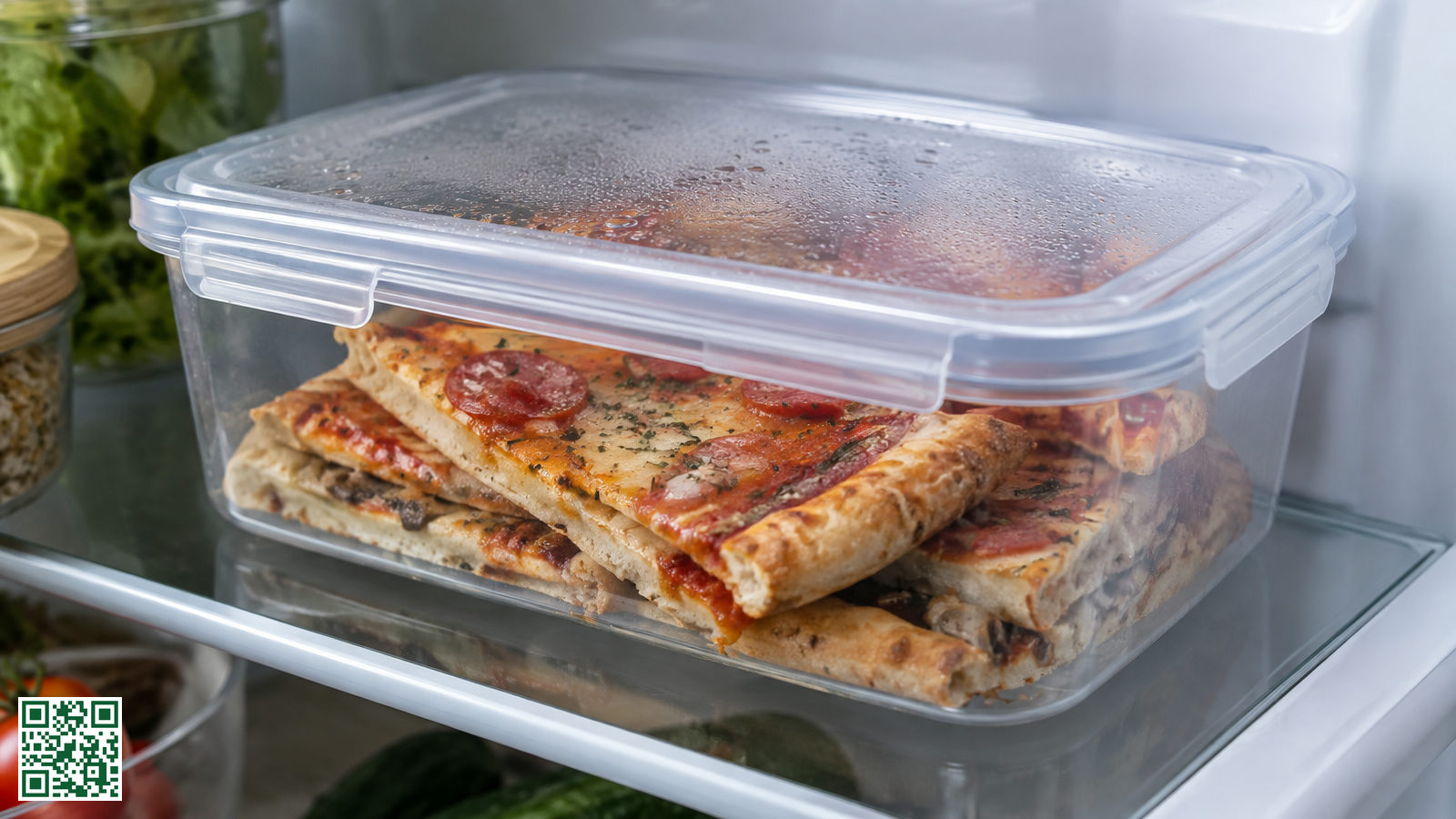 Stukken pizza in een afsluitbare bewaardoos in de koelkast