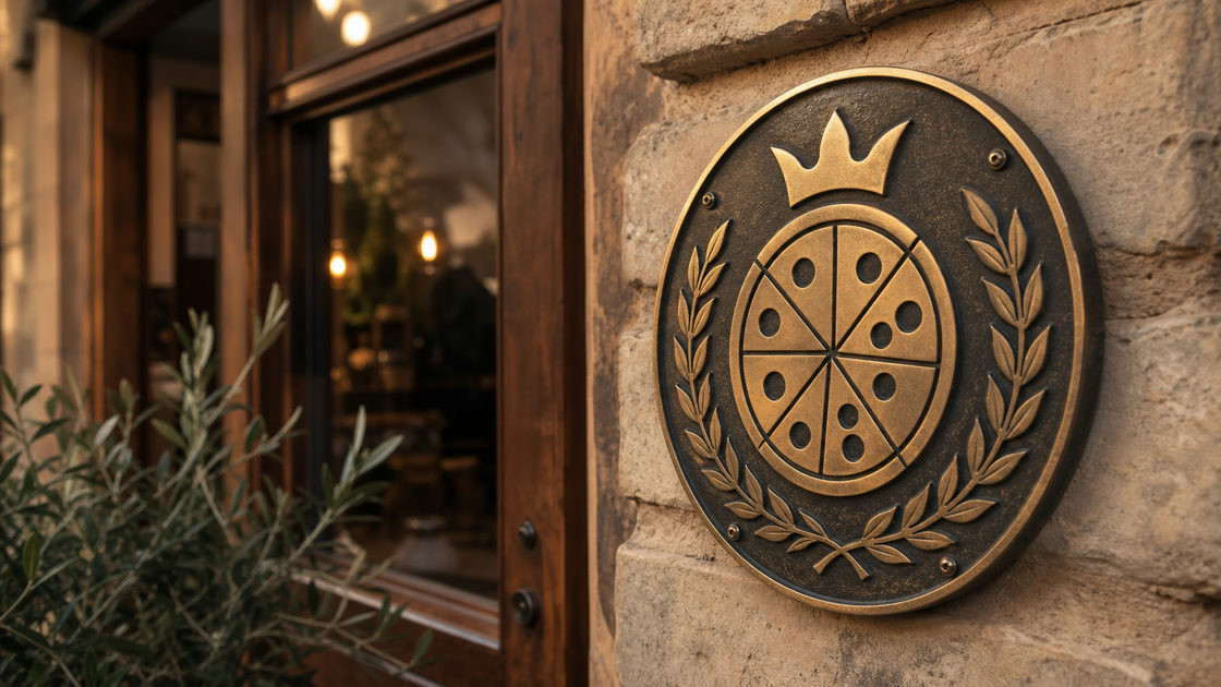 Close-up van een certificeringsbordje met een pizza-embleem naast een restaurantingang