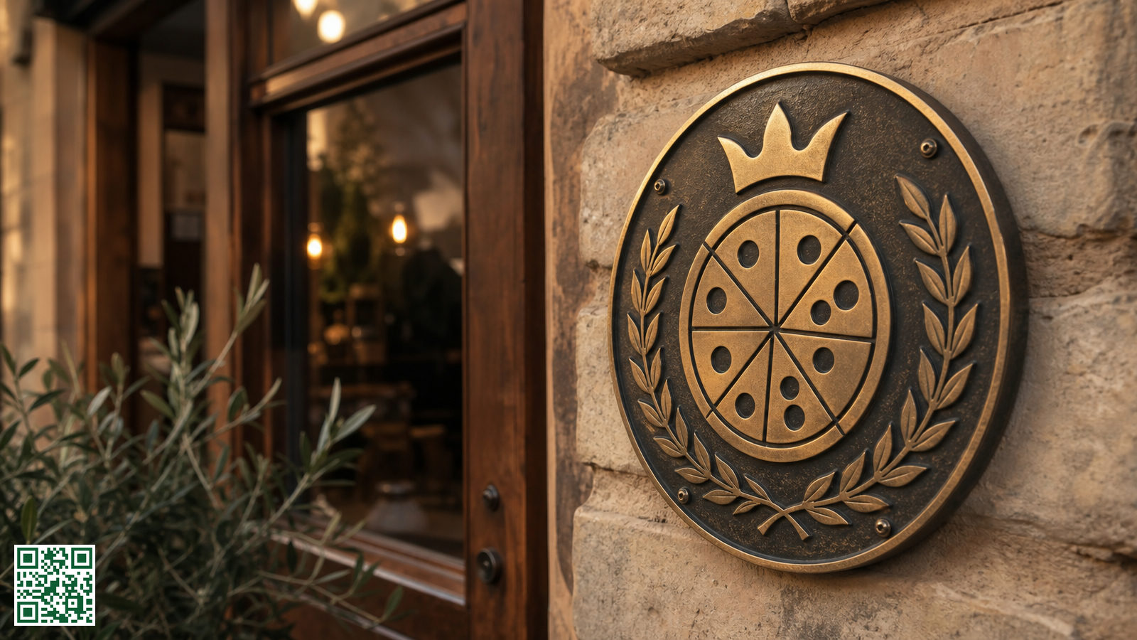 Close-up van een certificeringsbordje met een pizza-embleem naast een restaurantingang