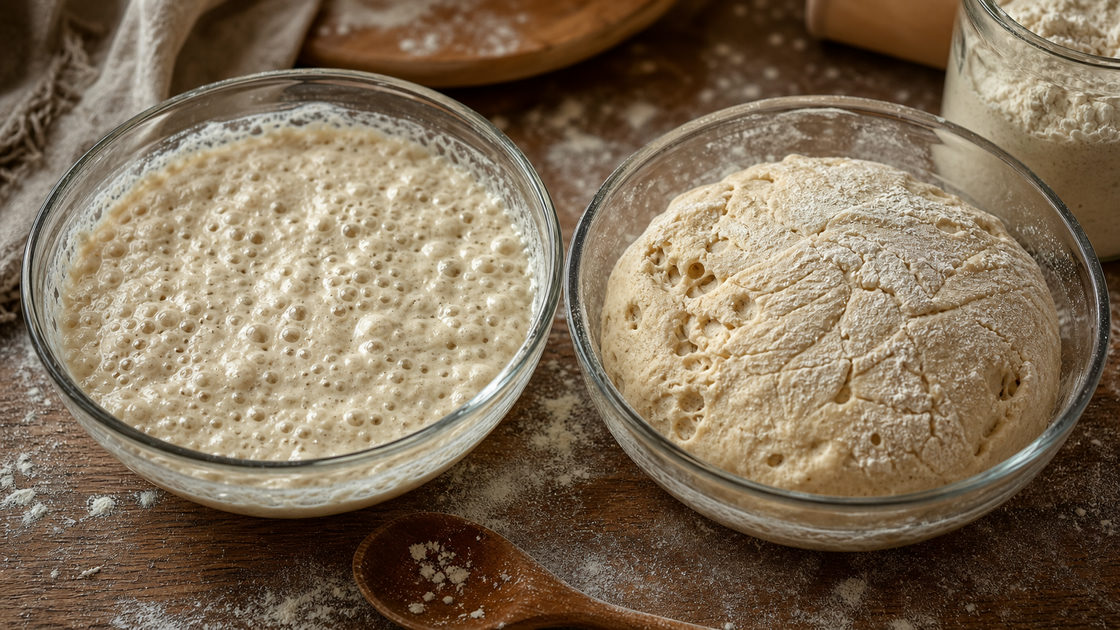 Twee kommen met voorgegist deeg voor pizza, een vloeibare poolish en een stevigere biga, op een bebloemd aanrecht
