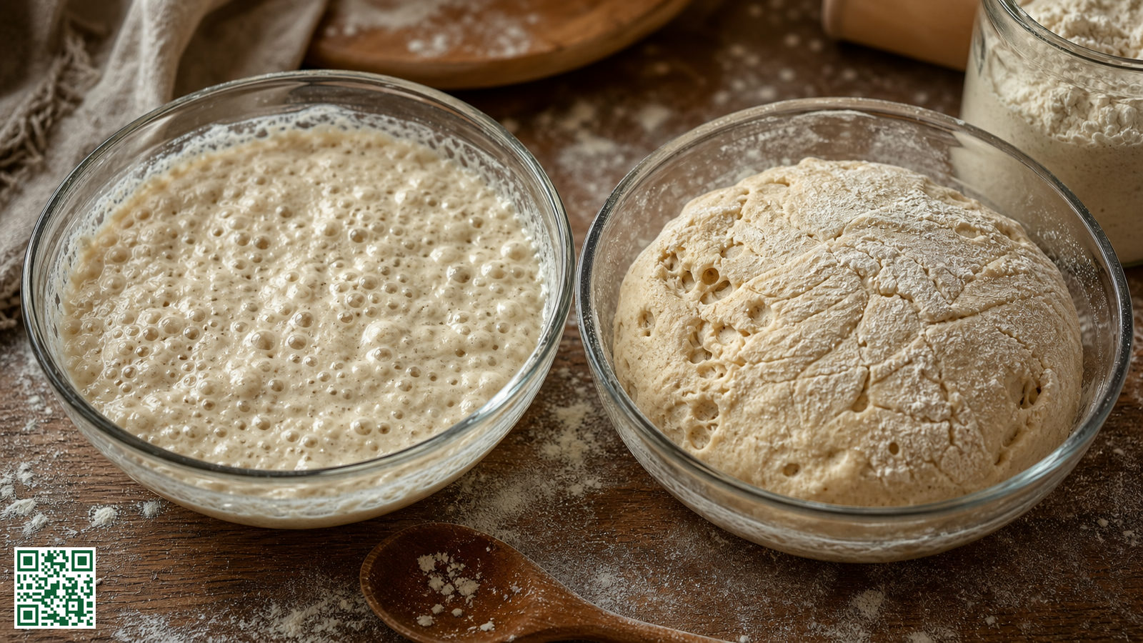 Twee kommen met voorgegist deeg voor pizza, een vloeibare poolish en een stevigere biga, op een bebloemd aanrecht