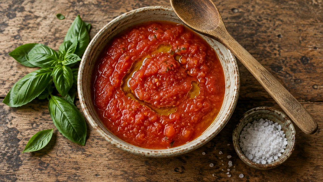 Kom met grof fijngeknepen rauwe tomatensaus met olijfolie, basilicum en een houten lepel