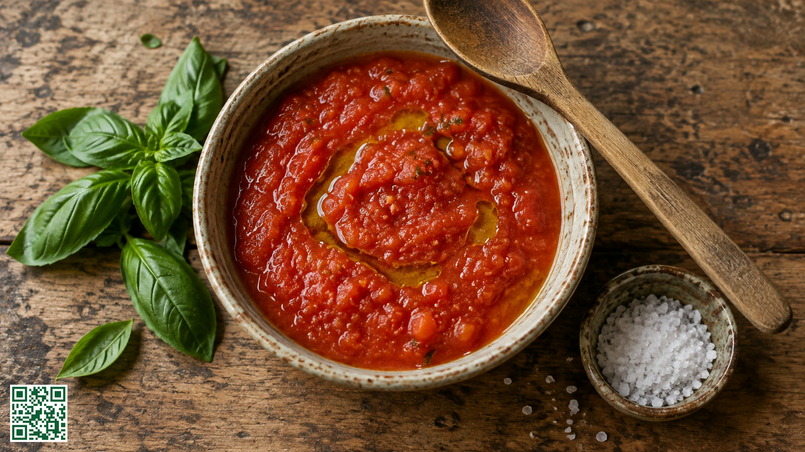 Kom met grof fijngeknepen rauwe tomatensaus met olijfolie, basilicum en een houten lepel