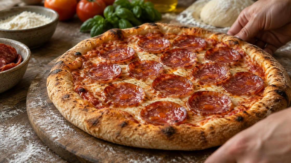 Gebakken pizza belegd met gelijkmatig verdeelde, licht opgekrulde plakjes salami op een houten plank