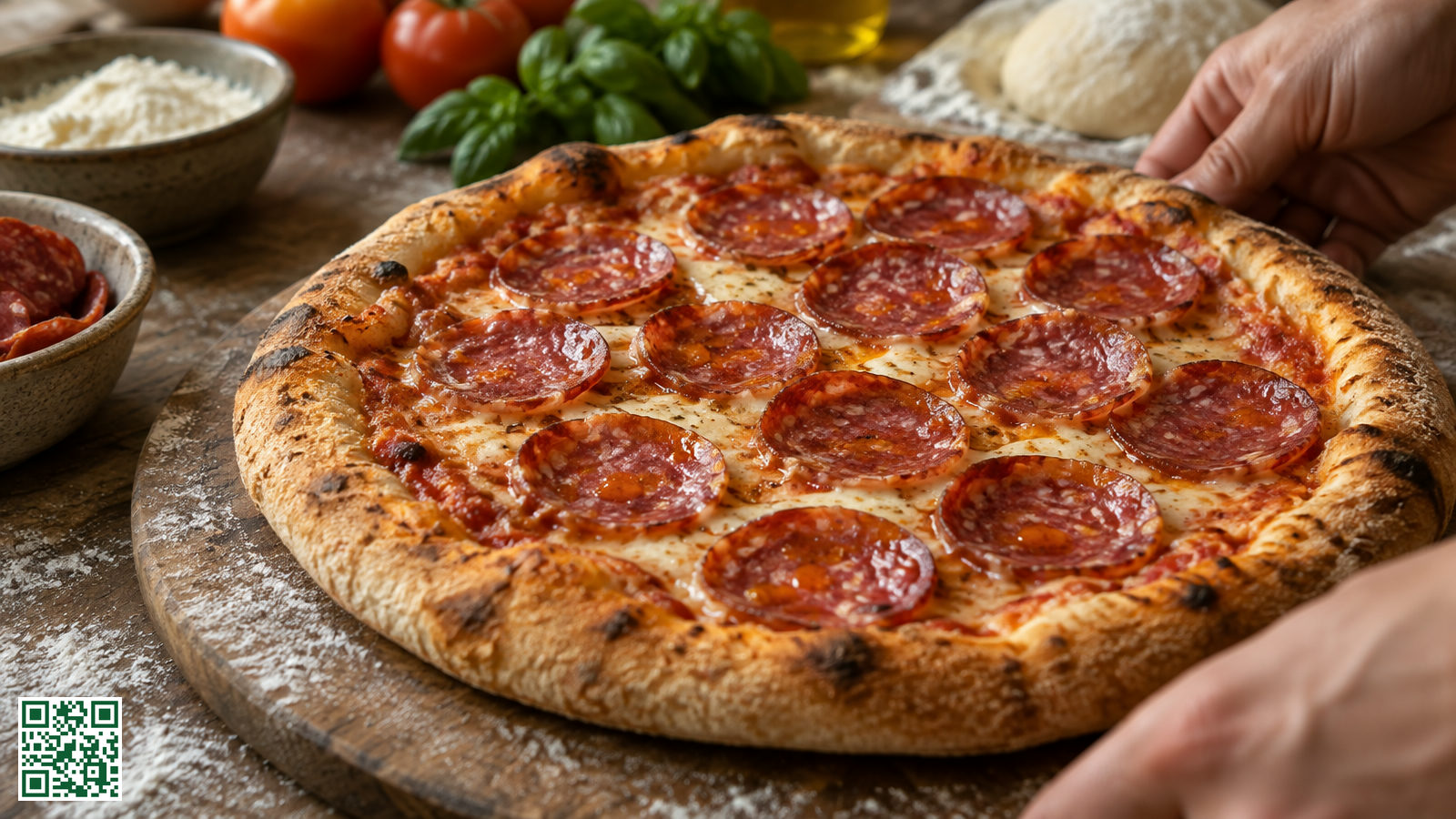 Gebakken pizza belegd met gelijkmatig verdeelde, licht opgekrulde plakjes salami op een houten plank