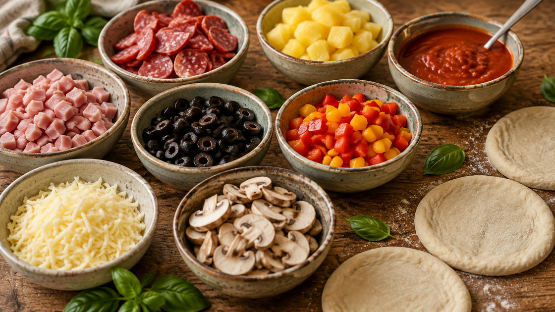 Kleine schaaltjes met fijngesneden pizzabeleg, geraspte kaas en tomatensaus op een houten tafel